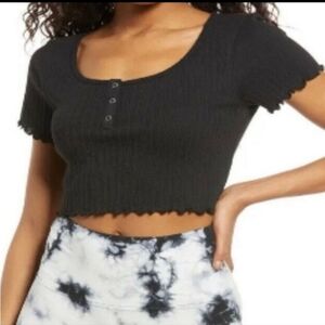 BP Scoop Neck Crop Top Lettuce Trim Henley Black Women's Size Extra Small